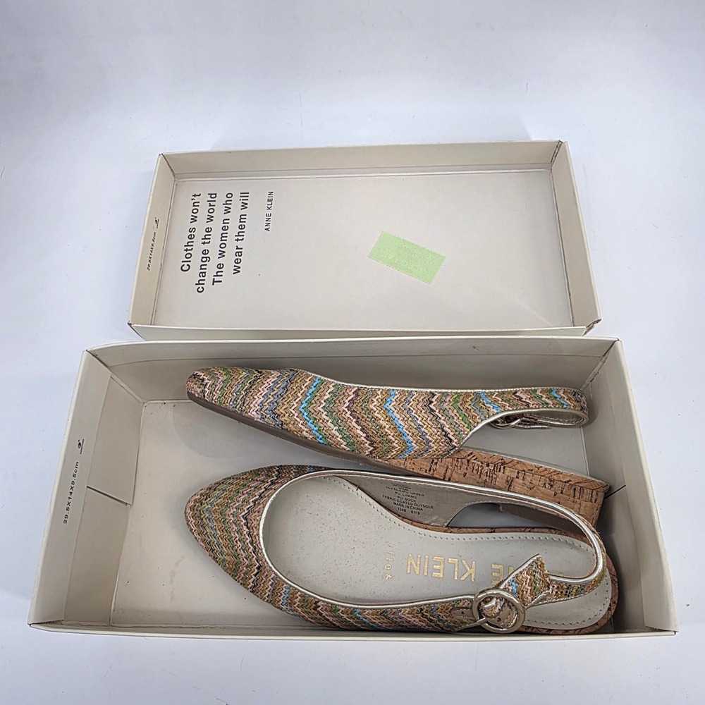Anne Klein AKMARTA Natural Multi Chevron Slingback Cork Wedge Sandals 6.5M - Picture 3 of 7